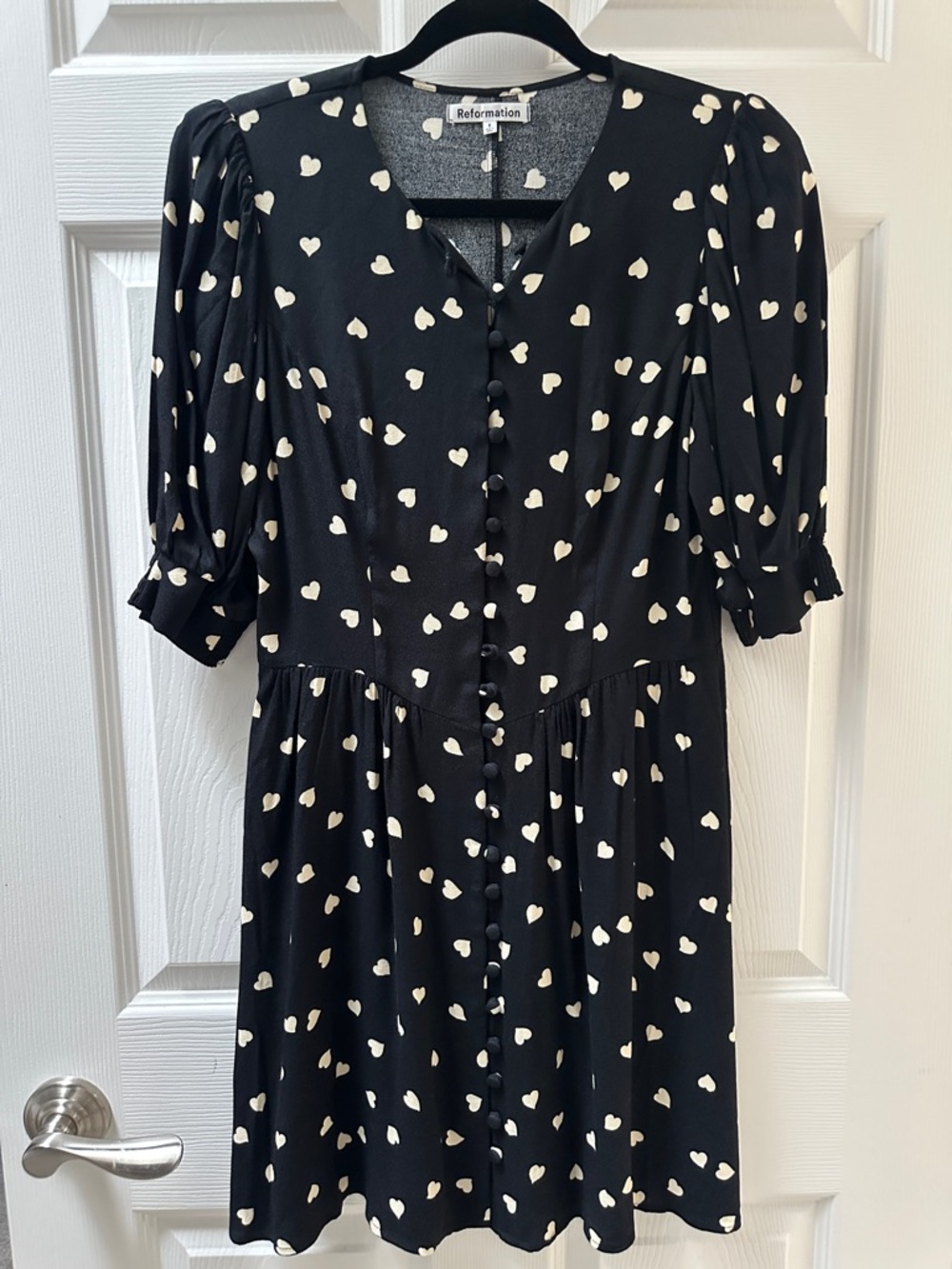 Reformation Black Dress with Cream Heart Print